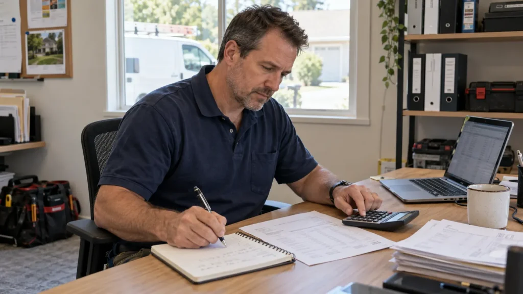 - Housecall Pro Man in a navy polo shirt sits at a desk, writing in a notebook with a calculator and laptop nearby while reviewing documents in an office.