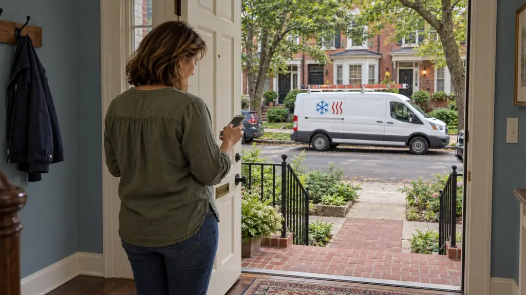 - Housecall Pro Inside a home, a woman in a green shirt stands at an open front door looking at her phone as a white service van sits parked on the street outside.