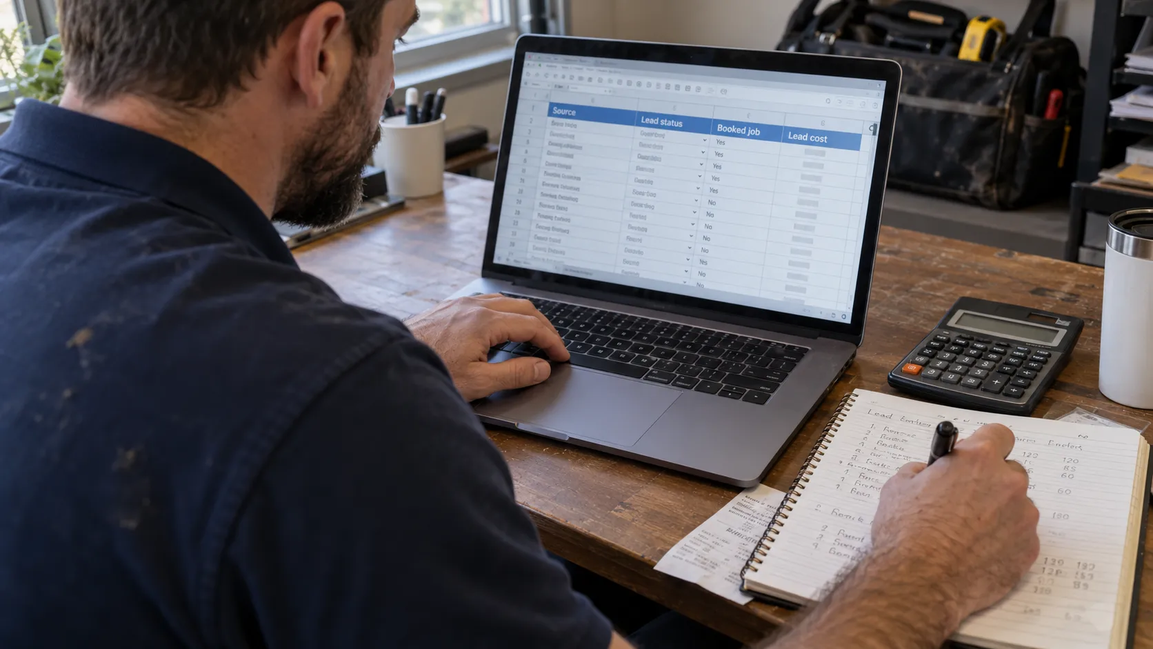 - Housecall Pro Person at a wooden desk using a laptop displaying a spreadsheet; notebook and calculator nearby on the desk.