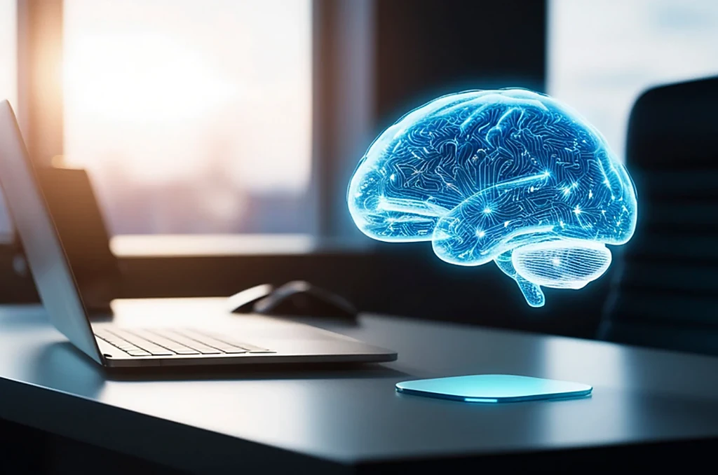 Blue holographic brain hovering over a laptop on a desk, symbolizing artificial intelligence or cognitive computing.