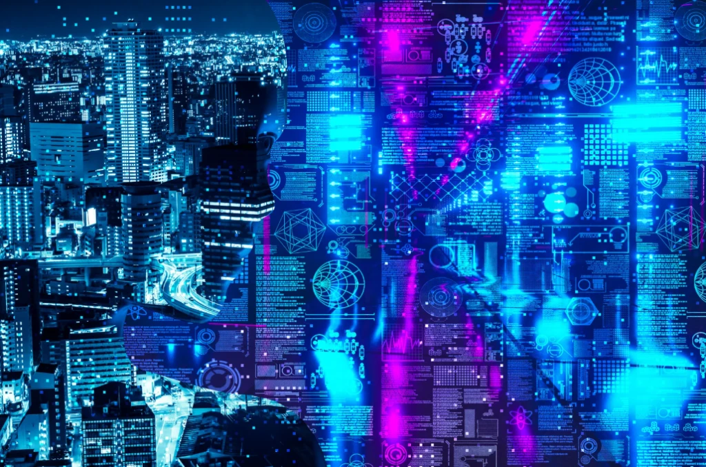 Silhouette of a person over a holographic display of blue data dashboards and graphs above a city at night.Scientific/tech mood conveyed by neon data panels.