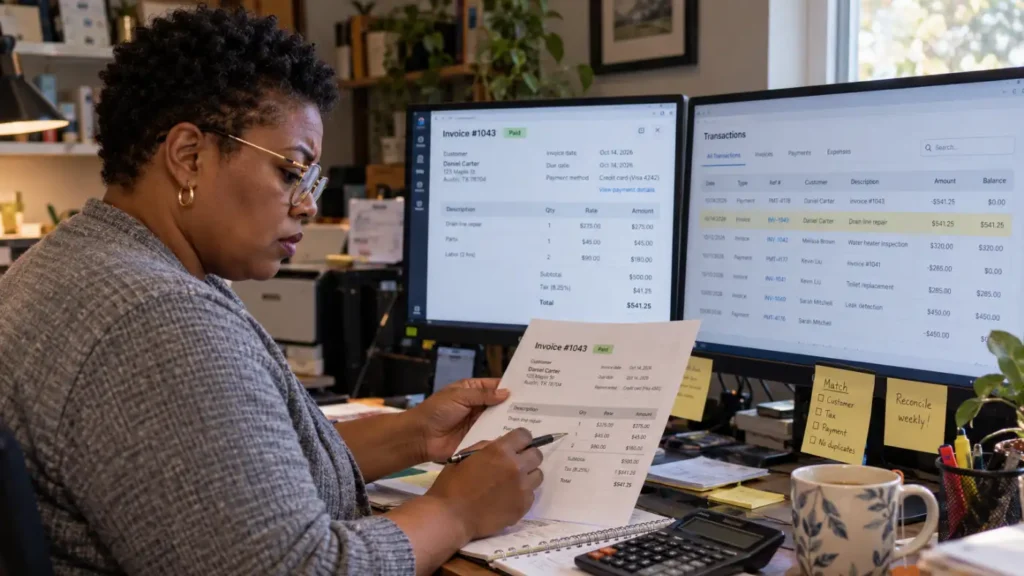 A Black woman wearing glasses and a gray sweater sits at a desk with two monitors showing an invoice and a transactions list, while she writes on a printed invoice with a pen.