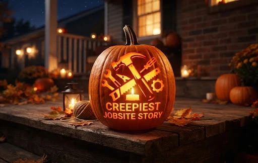 - Housecall Pro Carved jack-o'-lantern lit from inside sits on a porch step, displaying a tools silhouette and the words 'CREEPIEST JOBSITE STORY' for Halloween décor at night.