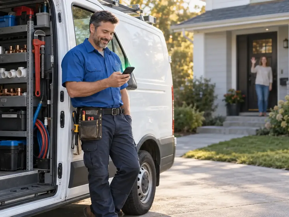 Housecall Pro plumber checking a job update on his phone next to his service van