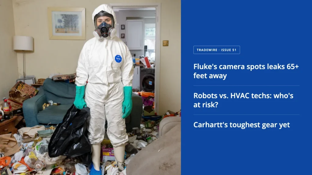 Person in a white hazmat suit and gas mask stands in a cluttered living room, holding a black trash bag and wearing teal gloves.