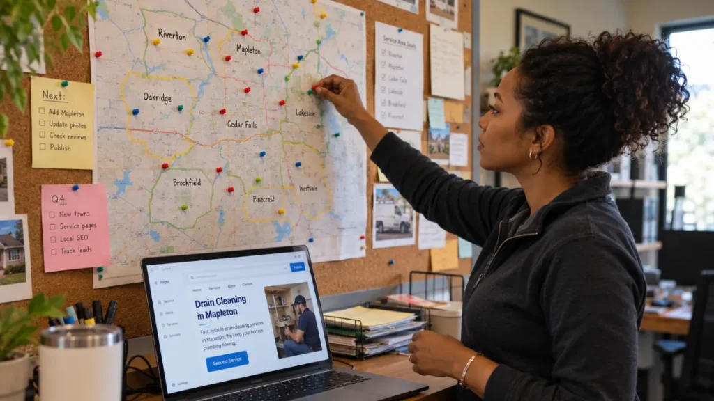 - Housecall Pro Woman standing at a corkboard map, placing a pin with many colored pins; a laptop on the desk shows a'Drain Cleaning in Mapleton' service page.