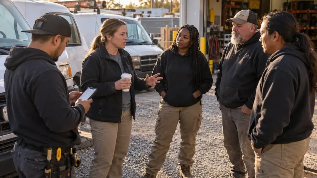Five workers in black hoodies and tan cargo pants stand in a gravel yard, talking beside white service vans.