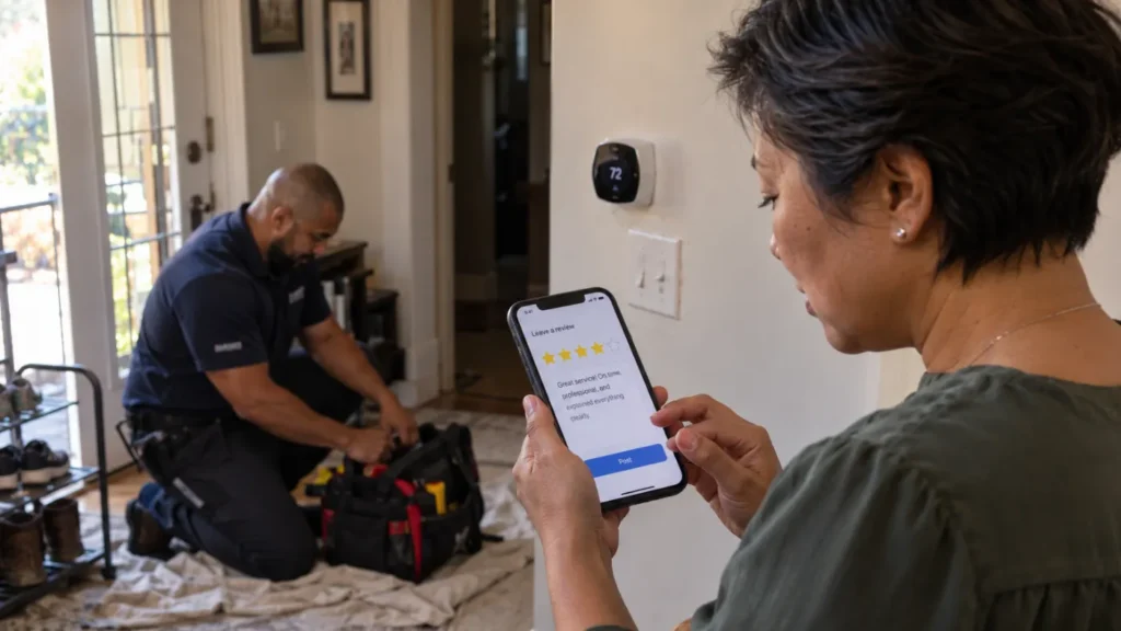- Housecall Pro Woman holds a phone and writes a five-star review while a technician works in a living room doorway and tools are nearby.