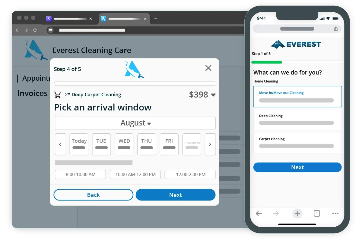 Booking modal: Step 4 of 5 to pick an arrival window with date 'August', day and time slot options, Back and Next buttons on Everest Cleaning Care