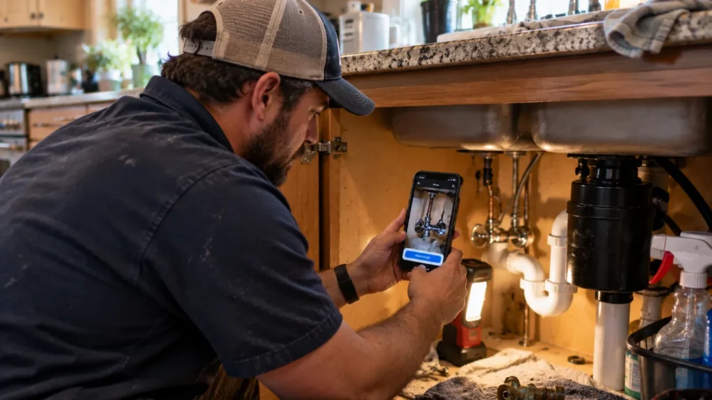 Man in a cap kneels under a kitchen sink, using a smartphone to photograph the plumbing pipes for inspection or documentation.