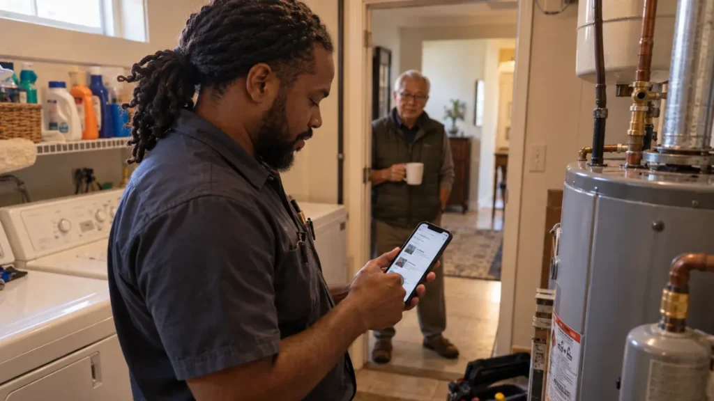 Maintenance worker in a laundry room uses a smartphone while an older man stands in the doorway with a mug; a water heater is visible in the foreground.
