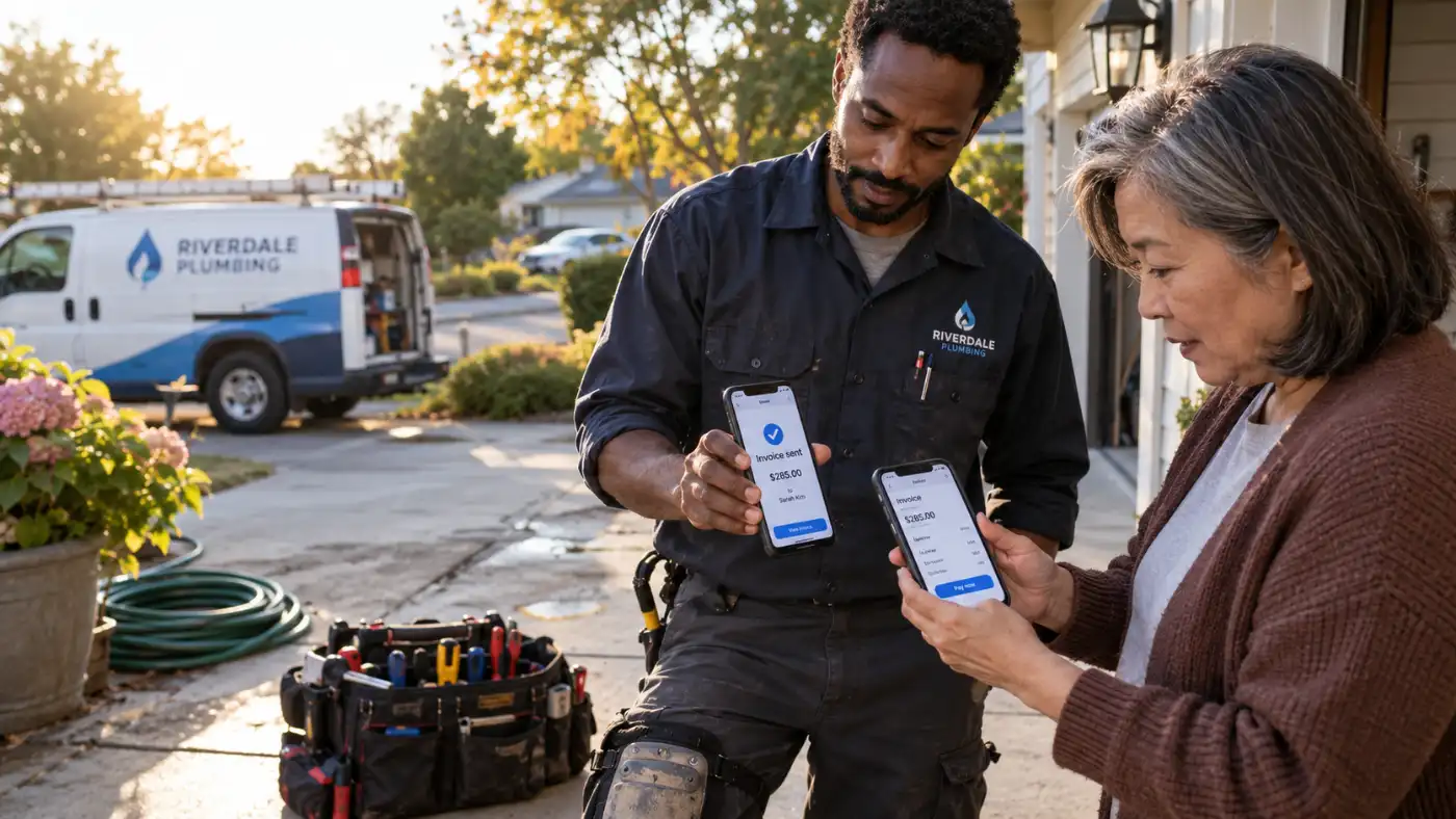 Plumber shows mobile invoice to homeowner outside a house, with tool belt and van in the background