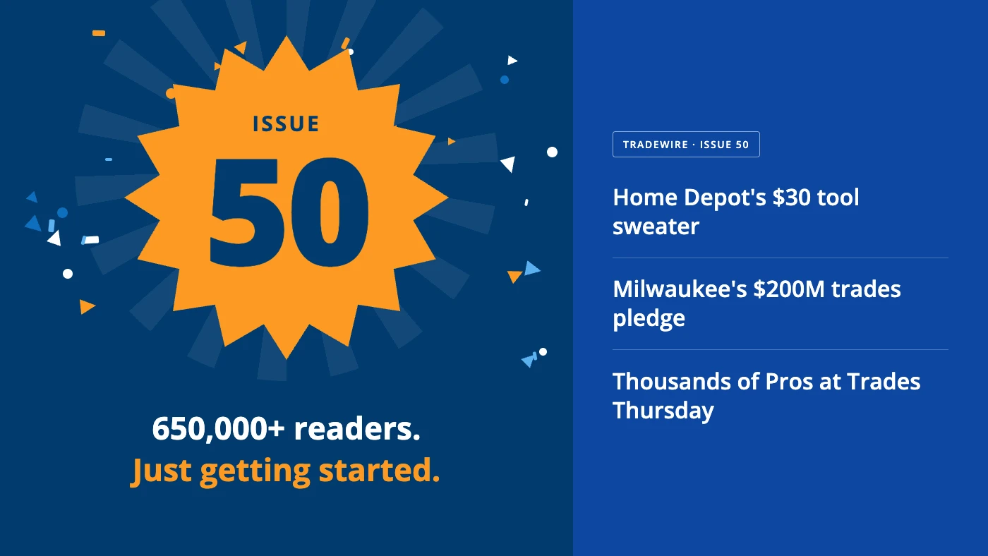 Infographic hero: orange 50‑burst with 'ISSUE' and '650,000+ readers. Just getting started.' on dark blue, plus a right column of headlines: 'Home Depot's $30 tool sweater', 'Milwaukee's $200M trades pledge', 'Thousands of Pros at Trades Thursday'.