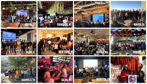 - Housecall Pro Collage showing groups of people at various city-wide conferences and meetups across the U.S. including Austin, Charlotte, Denver, Miami, New York, Seattle, Phoenix, Nashville, Salina, and Houston, with attendees posing for photos and mingling at each event.